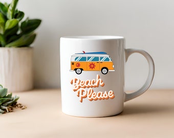 Retro Hippie Floral Van "Beach Please" Ceramic Mug, Flower lover gift, Coffee lover gift, Vintage lover Gift, retro hippie gift Summer gift