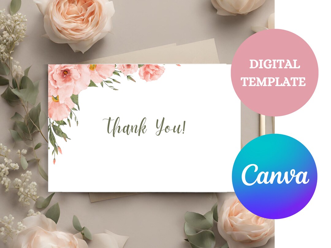 Romantic Pink Floral Wedding Thank You Card Template - Etsy