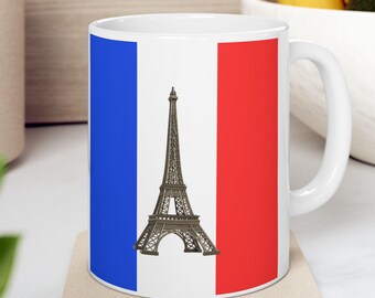 French Flag and Eiffel Tower Ceramic Mug, Parisian Coffee Cup for Francophiles, 11oz Gift for France Lovers, French Pride Kitchen, France