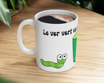 French Ceramic Mug, Le ver vert Funny Coffee Cup, 11oz Tea Mug, Green Lover Gift, Unique Kitchen Decor, Artistic Beverage Mug, Quirky French