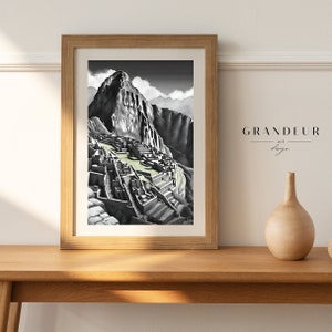 May include: A black and white illustration of Machu Picchu, an ancient Incan citadel located in the Cusco Region of Peru. The illustration is framed in a wooden frame.