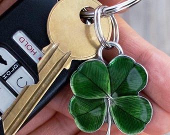Pewter Four Leaf Clover Keychain Keyring | Handcrafted Green Shamrock | Made in USA