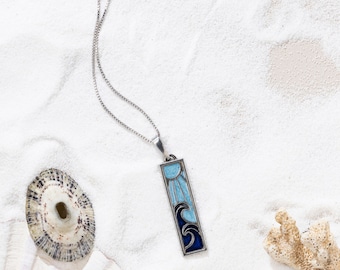 Ocean Waves Woodcut Inspired Pewter Pendant Necklace on Silver Box Chain