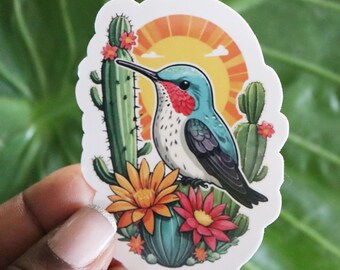 Sticker kolibrie, woestijnbloemen, vinylstickers, geïllustreerde sticker, kolibrie kunst, cadeau voor haar, sticker wilde bloemen, grillig
