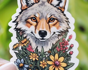 Coyote vinyl sticker, natuur sticker, woestijnliefhebber, wildlife sticker, waterfles sticker, laptop sticker, wilde bloemen