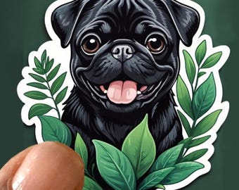 Cute Black Pug Dog Vinyl Sticker, Dogs and Plants, Black Pug Sticker, Pets and Plants, Dog Sticker, Pet Lover, Pug Gift