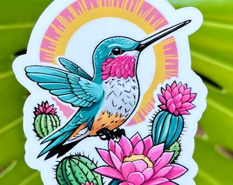 Kolibrie sticker, woestijnbloemen, vinyl stickers, geïllustreerde sticker, kolibrie kunst, cadeau voor haar, wilde bloemen sticker, grillig