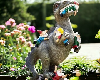 Dinosaure t.rex se nourrissant de gnomes | Dino en colère, ornement de pelouse, statues d'extérieur, décoration de jardin jurassique, jardin féerique, cadeau jardin pour enfants