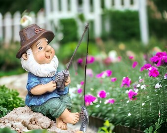 Fishing Garden Gnome | Fisherman Garden Dwarf, Mini Fairy Gnome, Lawn Gnome, Funny Statues, Flowerpots Decor, Resin Dwarf, Garden Gift