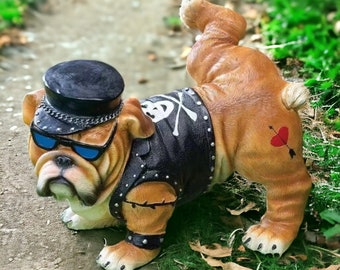 Bulldog with Sunglasses Figurine | Biker Bulldog Gnome, Tough Guy Bulldog Peeing Dog Statue, Funny Gnome, Garden Decor, Garden Gift