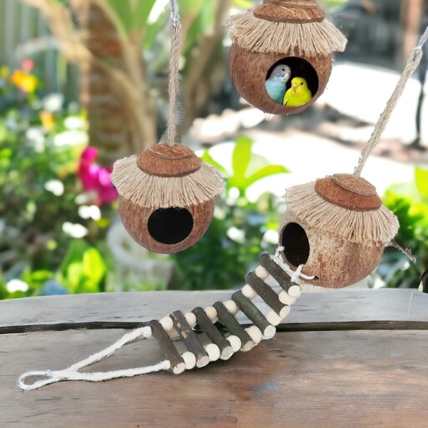 Natural Coconut Shell Bird Nest | Hanging Birdhouse, Playpen Supplies for Hamsters and Guinea Pigs, Home Decor, Garden Decor, Gardening Gift