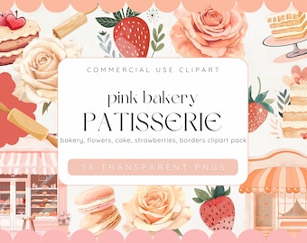 Op de afbeelding: Digitale clipart-pakket met een roze bakkerijthema. De afbeelding bevat illustraties van taarten, aardbeien, rozen en bakkerijgevels. Tekst bevat "pink bakery PATISSERIE" en "56 TRANSPARENT PNGS".