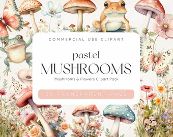 Cute Mushroom Clipart, Vintage Mushroom, Baby Shower Graphic Clipart, Pastel Fungi, Fairy Mushroom, Mushroom Baby Shower, Commerical Use