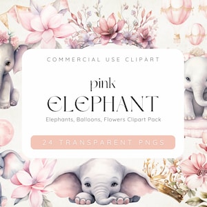 Clipart olifant, schattige roze olifant, babyolifant, kinderkamerolifant, kleine olifant met ballonnen, schattige olifant met kroon, commercial