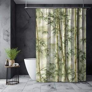 May include: A shower curtain featuring a watercolour-style design of bamboo stalks and leaves in shades of green and brown on a white background.