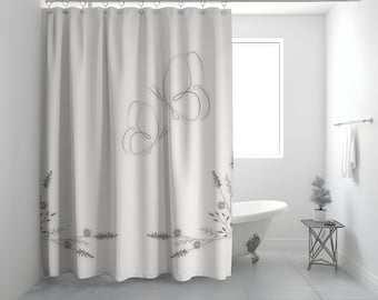 Botanical Butterfly Shower Curtain: Cottagecore Farmhouse Decor