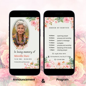 Plantilla digital personalizada para anuncio de funeral, tarjeta conmemorativa personalizada, plantilla editable para programa de funeral