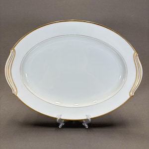 Noritake Guilford Handled Oval Serving Platter 16 1/4" White Gold Trim Verge