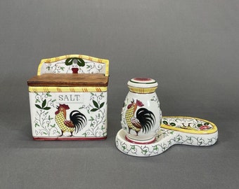 Ucagco Early Provincial Roosters and Roses Salt Box Spoon Rest and Shaker Farm