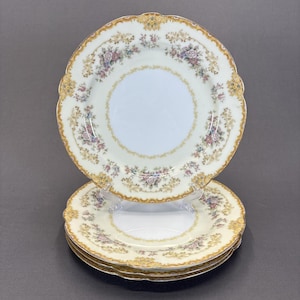 Noritake Alecto Dinner Plates 9 7/8&quot; Set of 4 Scalloped Gold Trim Floral