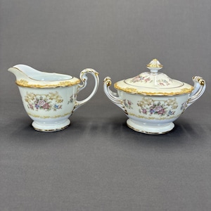 Noritake Alecto Creamer and Sugar Bowl Set Gold Trim Floral Scalloped