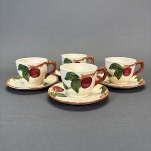 Franciscan Apple Cup and Saucer Set of 4 Earthenware USA Backstamp Hand Painted