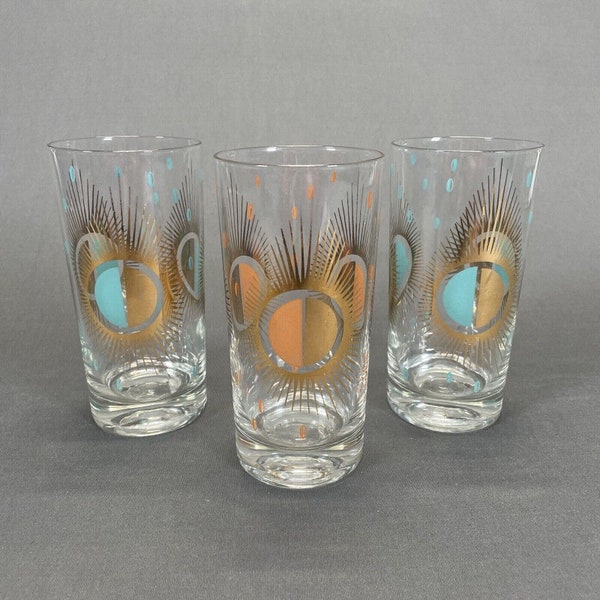 Fred Press Signed Atomic Starburst Glasses Tumblers 5 1/2" Set of 3 Mid-Century