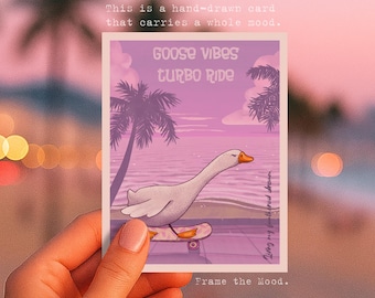 Funny Goose on Skateboard Printable Postcard – Cute Animal Wall Art, Whimsical Summer Illustration, Tropical Travel Adventure Craft Card