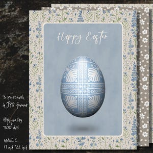 Osterkarten im Boho Stil mit blau bemalten Ei slawischem ethnischen Muster im Blumenrahmen in Pastellfarben Vintage Pysanka Postkarte