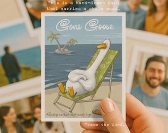 Funny Printable Beach Goose Art - Gone Goose Postcard, Whimsical Summer Illustration, Digital Vacation Card, Relaxing Animal Wall Art