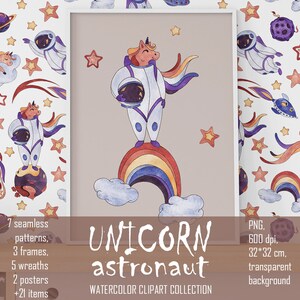 May include: A watercolor clipart collection featuring a unicorn astronaut standing on a rainbow. The collection includes 7 seamless patterns, 3 frames, 5 wreaths, 2 posters, and 21 items. The unicorn astronaut is wearing a white spacesuit with a blue helmet and holding a blue helmet in its hand. The rainbow is made of red, orange, yellow, green, blue, indigo, and violet. The background is a light brown color.