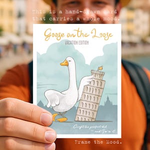 Postal divertida de ganso – Ilustración de viaje de la Torre Inclinada – Tarjeta de vacaciones imprimible en 4 versiones – Arte caprichoso para felicitaciones de verano