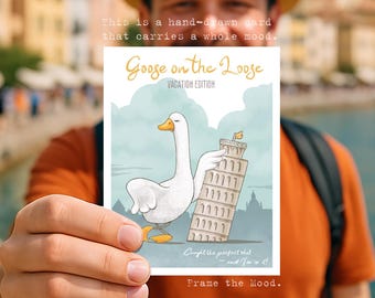 Funny Goose Postcard – Leaning Tower Travel Illustration – Printable Vacation Card in 4 Versions – Whimsical Art for Summer Greetings