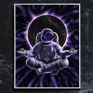 May include: An astronaut in a white spacesuit sits in a meditative pose against a backdrop of swirling purple and black nebulae. The astronaut's helmet is open, revealing a view of the cosmos.