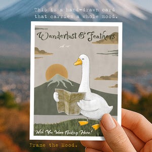 Afdrukbare ansichtkaart Funny Goose – Digitale reiskaart met eend en Fuji – inclusief 4 versies – Schattige dierenvakantiekunst om af te drukken