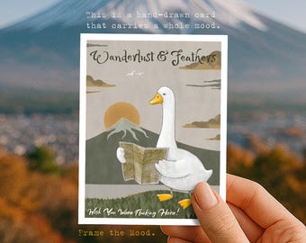 Printable Funny Goose Postcard – Digital Travel Card with Duck and Fuji – 4 Versions Included – Cute Animal Vacation Art for Printing