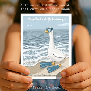 Cartão-postal engraçado de praia de ganso – Cartões para impressão de férias de verão, ilustração de animais fofos, arte de parede costeira excêntrica, IuliiaArtStore
