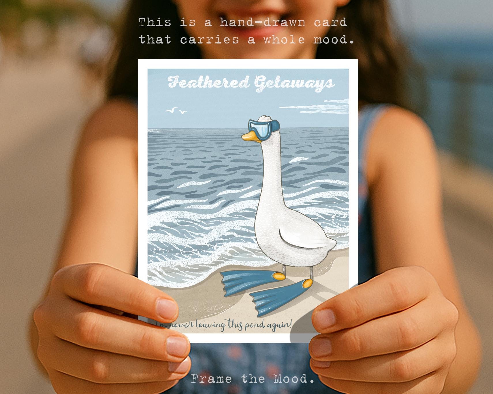 Funny Goose Beach Postcard – Summer Vacation Printable Cards, Cute Animal Illustration, Whimsical Coastal Wall Art, IuliiaArtStore