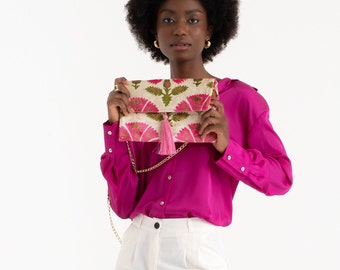 Pink & Green Silk Velvet Clutch Bag - 7x10 Inches Silk Velvet Handbag -Casual Daily Wear Evening Bag