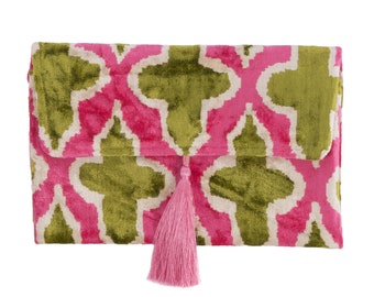 Pink & Green Silk Velvet Clutch Bag - 7x10 Inches Silk Velvet Handbag -Casual Daily Wear Evening Bag