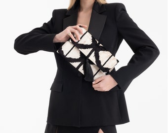 Black & White Silk Velvet Clutch Bag - 7x10 Inches Silk Velvet Handbag -Casual Daily Wear Evening Bag