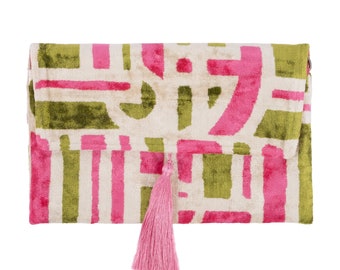 Pink & Green Silk Velvet Clutch Bag - 7x10 Inches Silk Velvet Handbag -Casual Daily Wear Evening Bag