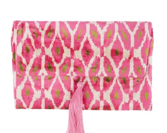 Bolso clutch de terciopelo de seda rosa y verde - bolso de terciopelo de seda de 7x10 pulgadas - bolso de noche de uso diario casual