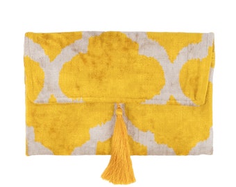 Yellow & White Silk Velvet Clutch Bag - 7x10 Inches Silk Velvet Handbag - Casual Daily Wear Evening Bag