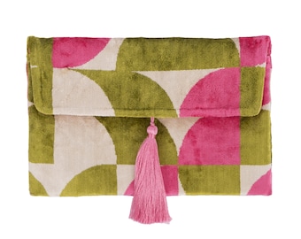 Pink & Green Silk Velvet Clutch Bag - 7x10 Inches Silk Velvet Handbag -Casual Daily Wear Evening Bag