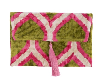 Pink & Green Silk Velvet Clutch Bag - 7x10 Inches Silk Velvet Handbag -Casual Daily Wear Evening Bag