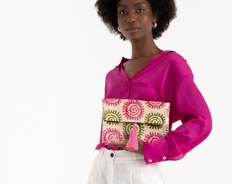 Pink & Green Silk Velvet Clutch Bag - 7x10 Inches Silk Velvet Handbag -Casual Daily Wear Evening Bag
