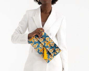 Blue & Yellow Silk Velvet Clutch Bag - 7x10 Inches Silk Velvet Handbag -Casual Daily Wear Evening Bag