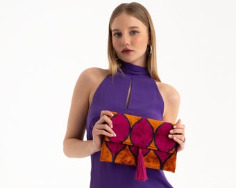 Purple & Cinnamon Color Silk Velvet Clutch Bag - 7x10 Inches Silk Velvet Handbag -Casual Daily Wear Evening Bag