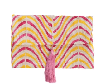 Yellow & Pink Silk Velvet Clutch Bag - 7x10 Inches Silk Velvet Handbag - Casual Daily Wear Evening Bag